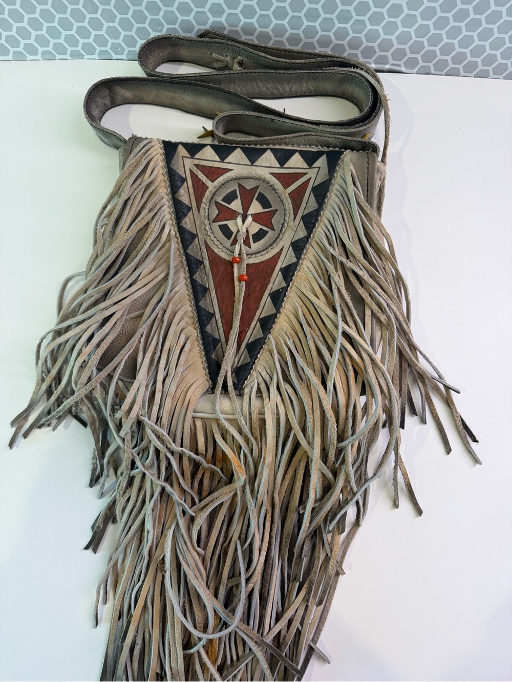 Kobler hand painted Crossbody Bag in Taupe with Tribal hand painted center!